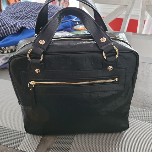 kate spade Handbags - Kate Spade Dark Black Ostrich Embossed Bowler Style Bag